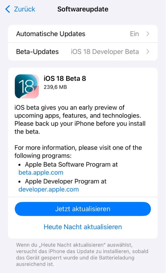 新平苹果手机维修分享苹果 iOS / iPadOS 18 开发者预览版 Beta 8 发布 